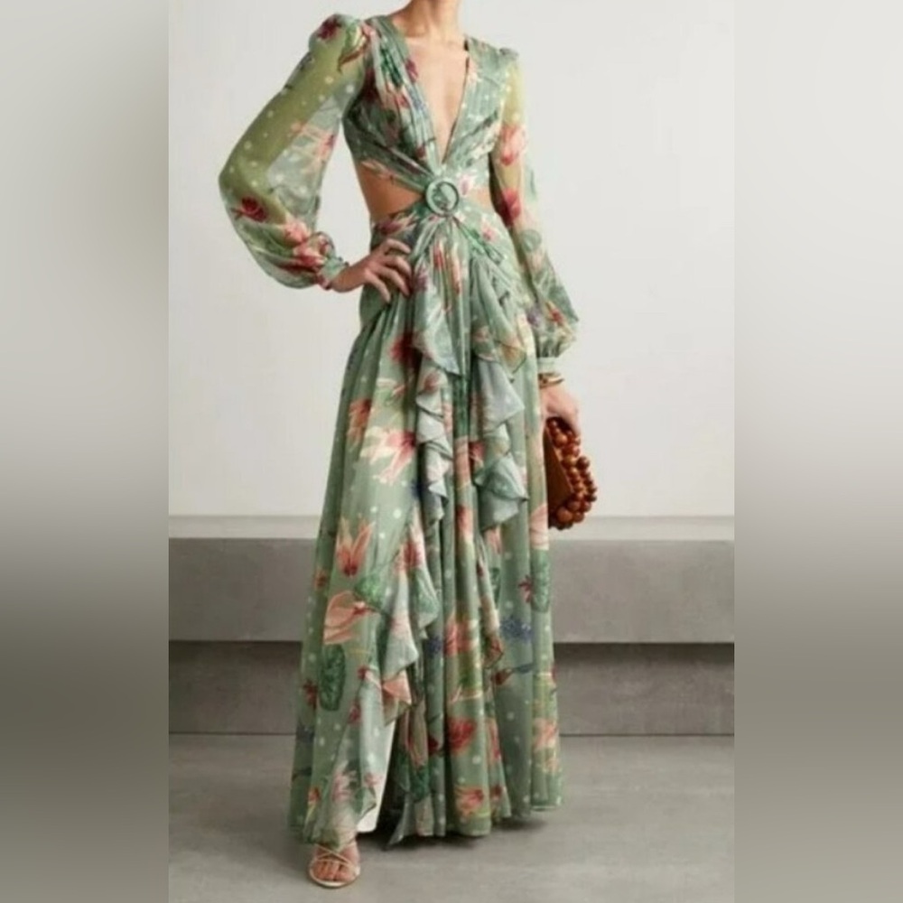 PatBO Green Halter Gown with Bishop Sleeves